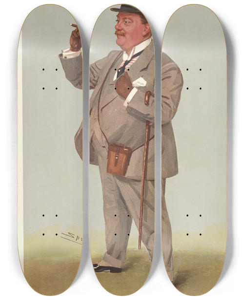 Triptych art skateboard deck of Leslie Matthew Ward Turf Devotees The Portly One Mr G A Prentice June 19 1907 by Leslie Matthew Ward (1851-1922)