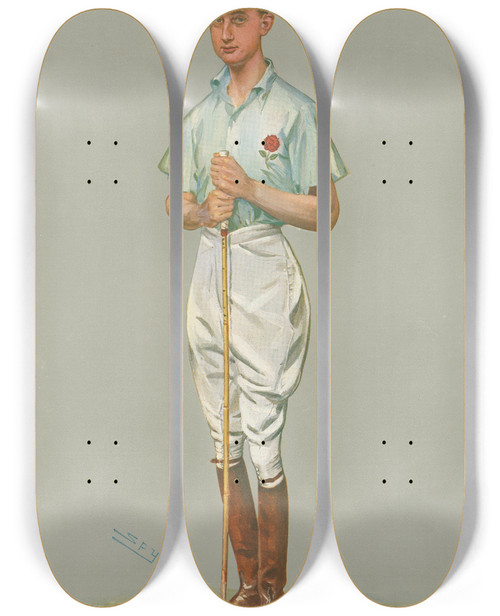 Triptych art skateboard deck of Leslie Matthew Ward Polo Players Buck Mr Walter S Buckmaster 4 September 1907 by Leslie Matthew Ward (1851-1922)