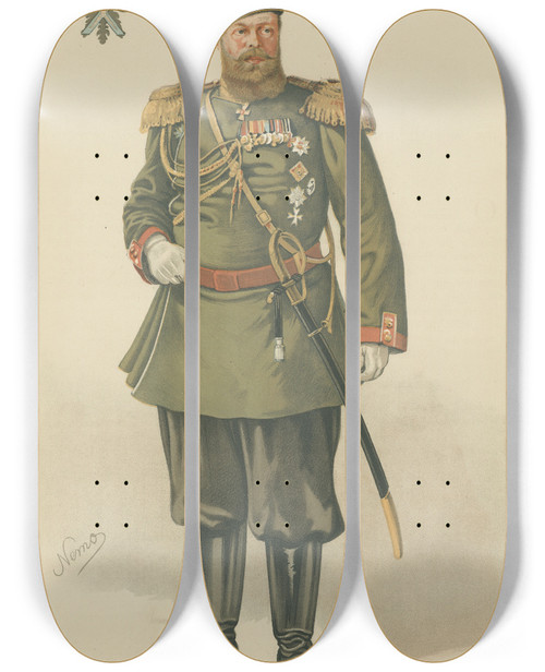 Triptych art skateboard deck of Constantine Von De Grimm Vanity Fair Royalty My August Master His Imperial Majesty Alexander Iii Emperor And Autocrat Of All The Russias October 11 1884_2 by Constantine von de Grimm
