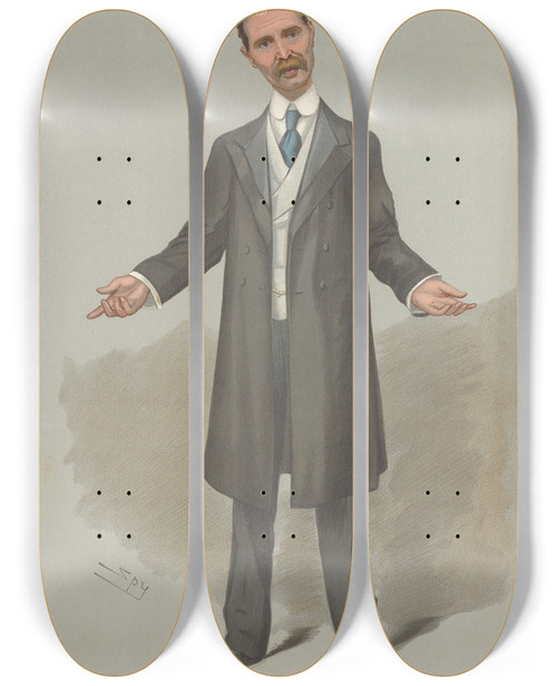 Triptych art skateboard deck of Leslie Matthew Ward Prime Ministers A Gentle Shepherd Who Would Lead His Flock Into The Protectionist Fold Mr Andrew Bonar Law 2 March 1905 by Leslie Matthew Ward (1851-1922)