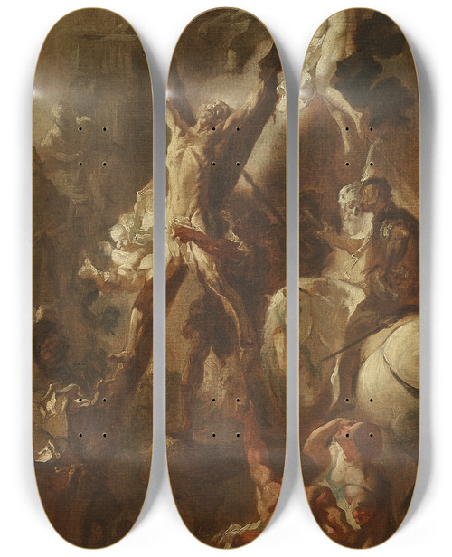Triptych art skateboard deck of Franz Anton Maulbertsch Das Martyrium Des Heiligen Andreas by Franz Anton Maulbertsch (1724-1796)