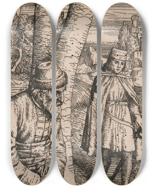 Triptych art skateboard deck of William Strang Illustration To Nathan The Wise 3 by William Strang (1859-1921)