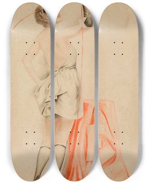 Triptych art skateboard deck of Charles Gates Sheldon Pin Up In A Mask by Charles Gates Sheldon (1889-1961)