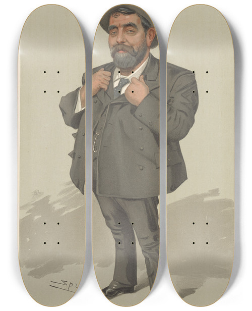 Triptych art skateboard deck of Leslie Matthew Ward Trade Union Officials The Labourer Is Worthy Of His Hire Mr Will Crooks April 6 1905 by Leslie Matthew Ward (1851-1922)