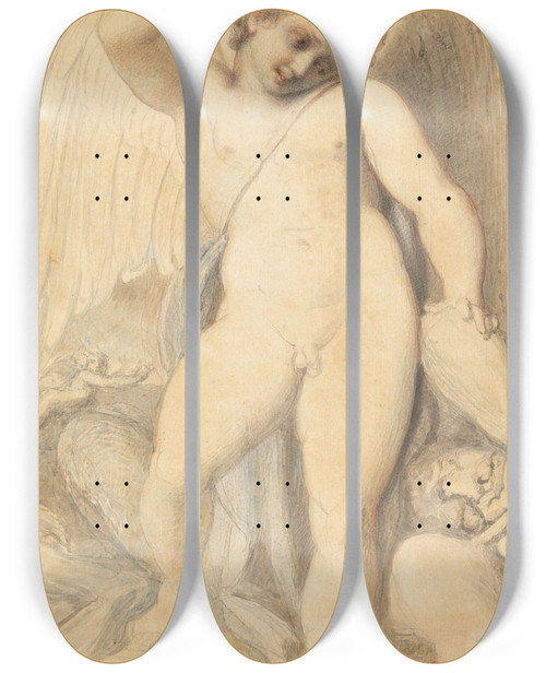 Triptych art skateboard deck of Richard Cosway Cupid Overpowering A Satyr by Richard Cosway (1742-1821)