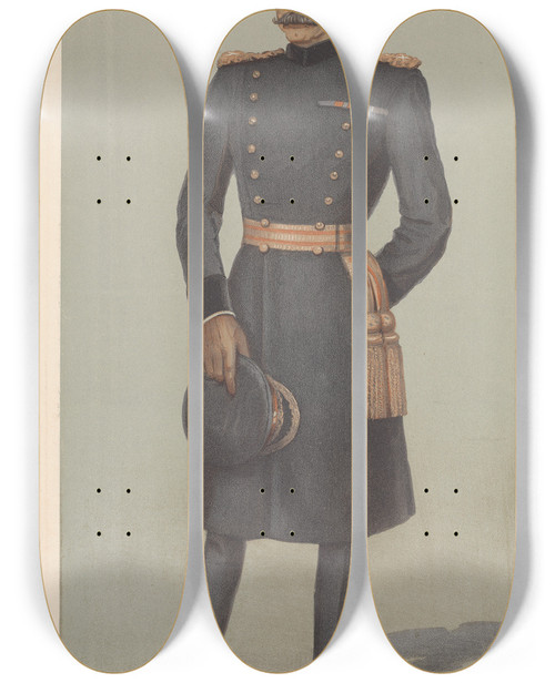 Triptych art skateboard deck of Leslie Matthew Ward Military And Navy A Calvary Reformer The Earl Of Dundonald May 8 1902 by Leslie Matthew Ward (1851-1922)