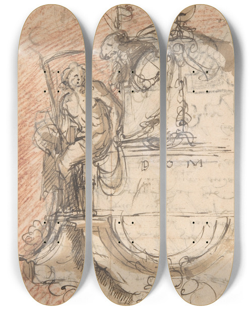 Triptych art skateboard deck of Pieter Verbruggen The Younger Design For A Sepulchral Monument With An Allegory Of Time_4 by Pieter Verbruggen The Younger (1648-1691)