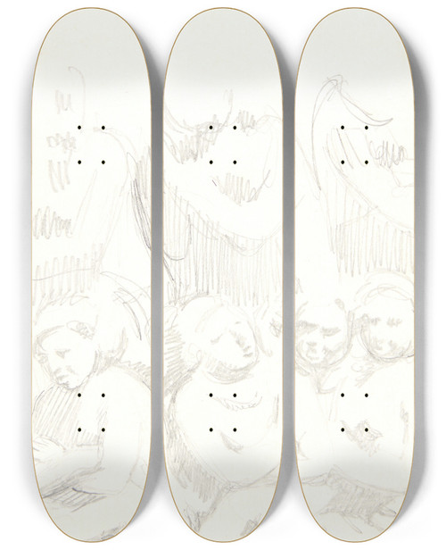 Triptych art skateboard deck of Svend Rathsack Gruppe Med Siddende Figurer Med Korslagte Arme I Forgrunden Studieblad Efter Relieffer I Borobudur Java by Svend Rathsack (1885-1941)