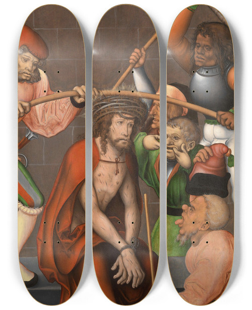 Triptych art skateboard deck of Master Of The Pflock Altarpiece Crowning Of Thorns by Master Of The Pflock Altarpiece