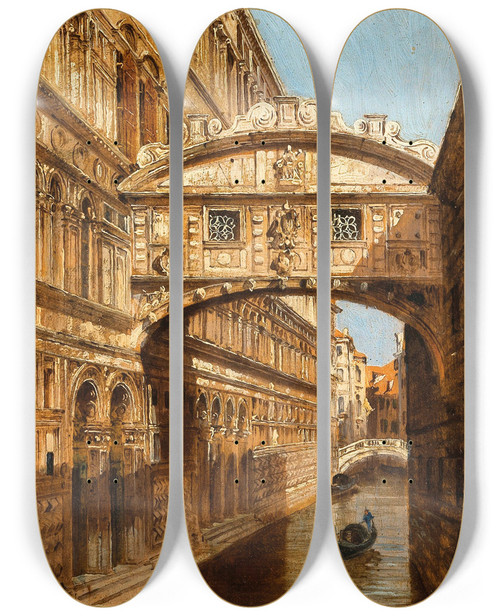 Triptych art skateboard deck of Antonietta Brandeis Venice Le Ponte Dei Sospiri Venezia by Antonietta Brandeis (1848-1926)