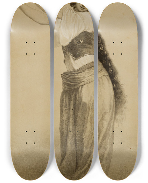 Triptych art skateboard deck of Alexandre Bida A Dancing Girl Almeh by Alexandre Bida (1823-1895)