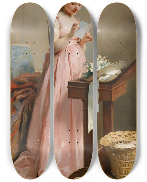 Triptych art skateboard deck of Charles Chaplin Fille A La Lecture by Charles Chaplin (1825-1891)