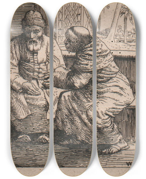 Triptych art skateboard deck of William Strang Illustration To Nathan The Wise by William Strang (1859-1921)