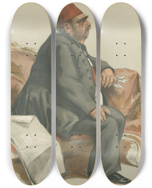 Triptych art skateboard deck of Thobald Chartran Vanity Fair Royalty The Exkhedive His Highness Ismail Pacha May 7 1881 by Theobald Chartran (1849-1907)