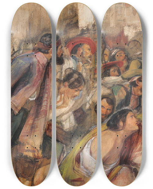 Triptych art skateboard deck of John Frederick Lewis Study For The Proclamation Of Don Carlos by John Frederick Lewis (1805-1876)
