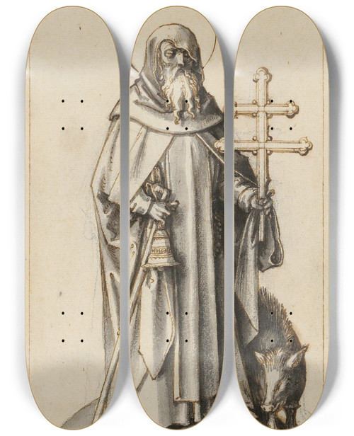 Triptych art skateboard deck of Hans Holbein The Elder St Anthony by Hans Holbein The Elder (1460-1524)