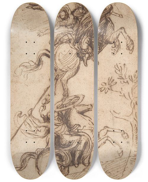 Triptych art skateboard deck of Nicolas Poussin The Sorcerer Atlante Abducting Pinabellos Lady Ariosto Orlando Furioso Canto Ii 38 by Nicolas Poussin (1594-1665)