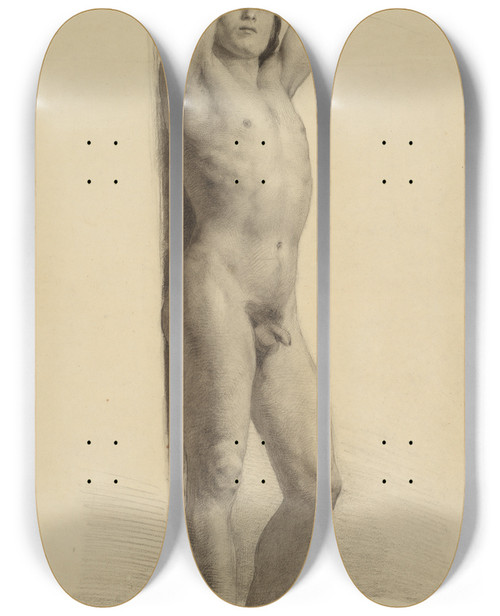 Triptych art skateboard deck of Jzef Simmler Study Of A Nude Male To The Figure Of St Sebastian by Jozef Simmler (1823-1868)
