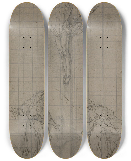 Triptych art skateboard deck of Ignaz Gnther Entwurf Fr Eine Kreuzigungsgruppe Mit Johannes Maria Und Magdalena by Ignaz Gunther (1725-1775)