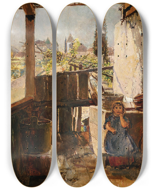 Triptych art skateboard deck of Robert Russ A Girl Standing By The Laundry Corner South Tyrol by Robert Russ (1847-1922)