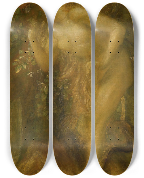 Triptych art skateboard deck of George Frederic Watts Eve Tempted by George Frederic Watts (1817-1904)