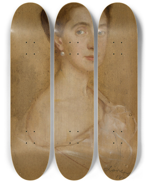 Triptych art skateboard deck of Philip Alexius De Lszl Portrait Of A Lady With A Pearl by Philip Alexius de Lszl (1869-1937)