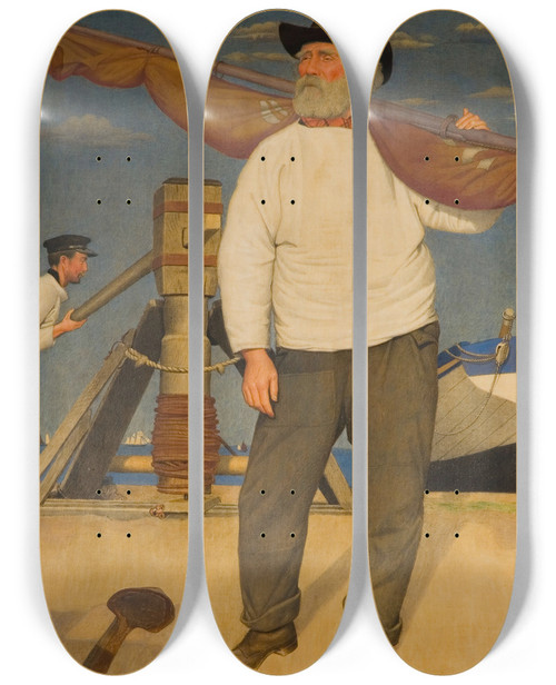 Triptych art skateboard deck of Joseph Edward Southall Fisherman Carrying A Sail by Joseph Edward Southall (1861-1944)