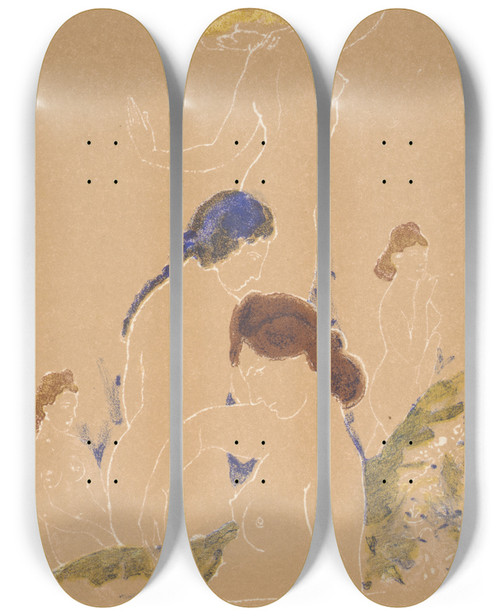 Triptych art skateboard deck of Arthur Bowen Davies Growth Of Spring by Arthur Bowen Davies (1862-1928)