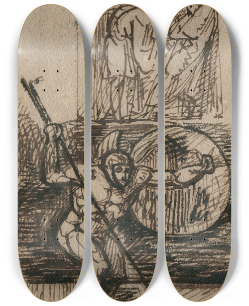 Triptych art skateboard deck of David Humbert De Superville Gewapende Krijger Inngedoken Onder Een Figuurgroep by David Humbert De Superville (1770-1849)