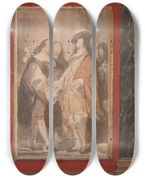 Triptych art skateboard deck of Nicaise De Keyser Founding Of The Academy In Antwerp By David Teniers Ii by Nicaise De Keyser (1813-1887)