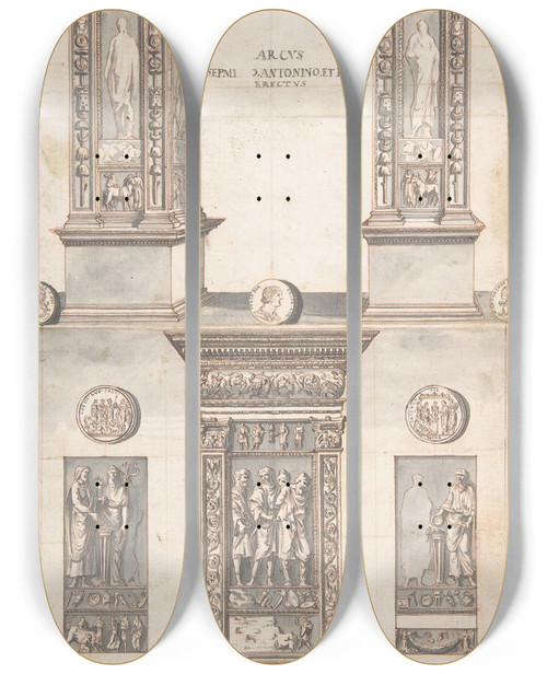 Triptych art skateboard deck of Jan Goeree Arch Of Septimius Severus Frontal Elevation Above And Side View Below by Jan Goeree (1670-1731)