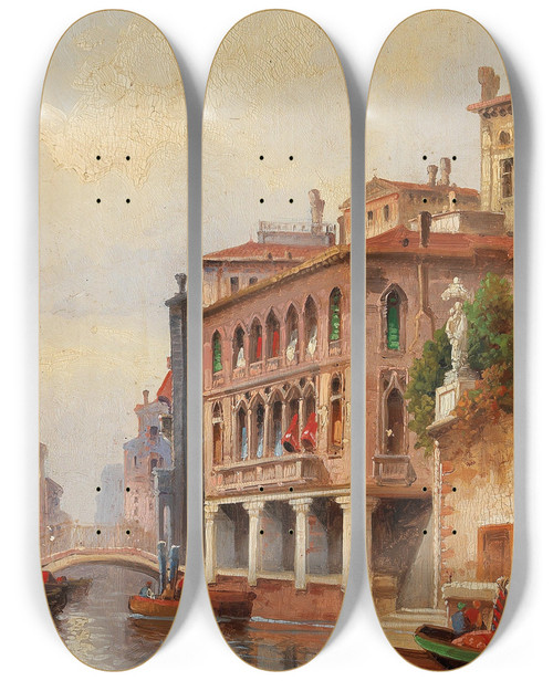 Triptych art skateboard deck of Karl Kaufmann Venice Canal Scene by Karl Kaufmann (1843-1905)