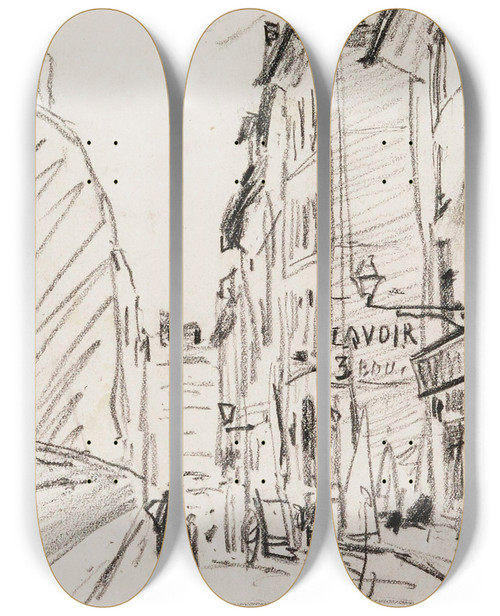 Triptych art skateboard deck of Johan Barthold Jongkind Rue Domat Le 7 Fvrier 1870 5Me Arrondissement by Johan Barthold Jongkind (1819-1891)