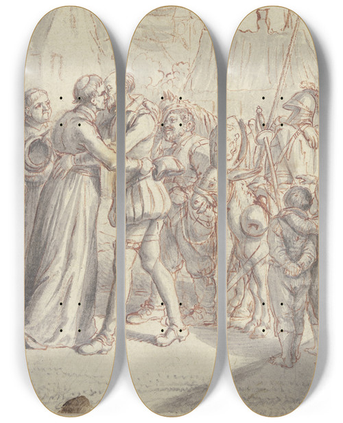 Triptych art skateboard deck of Daniel Nikolaus Chodowiecki Don Quijote Umarmt Den Pfarrer by Daniel Nikolaus Chodowiecki (1726-1801)
