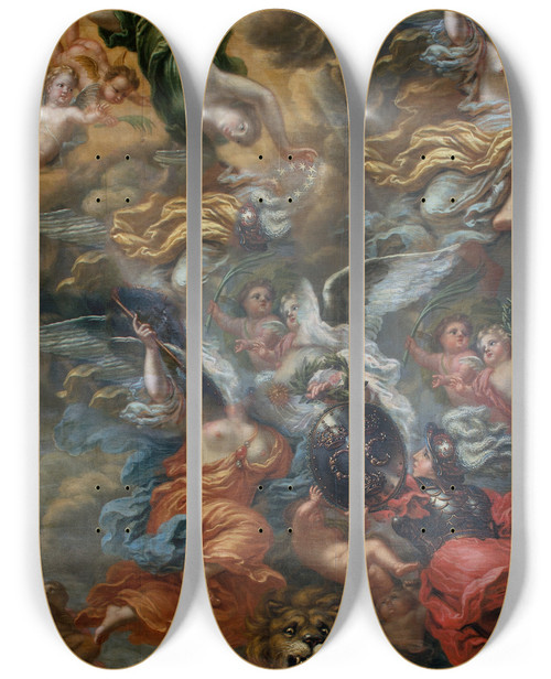 Triptych art skateboard deck of David Klcker Ehrenstrahl Allegory Of The Illustrious Achievements Of Swedish Kings by David Klocker Ehrenstrahl (1628-1698)