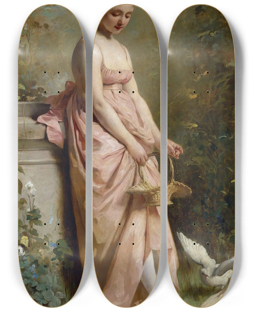 Triptych art skateboard deck of Charles Chaplin Feeding Doves by Charles Chaplin (1825-1891)
