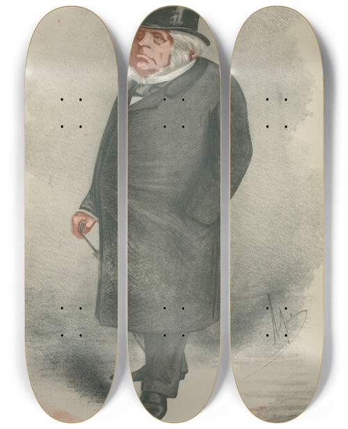 Triptych art skateboard deck of Carlo Pellegrini Politicians Will The Sentimental Orator Be Lost In The Practical Minister Or Will Both The Extinguished The Rt Hon John Bright February 13 1869 by Carlo Pellegrini (1839-1889)