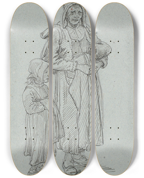 Triptych art skateboard deck of Wilhelm Marstrand Gammel Svensk Kone Og Lille Pige by Wilhelm Marstrand (1810-1873)