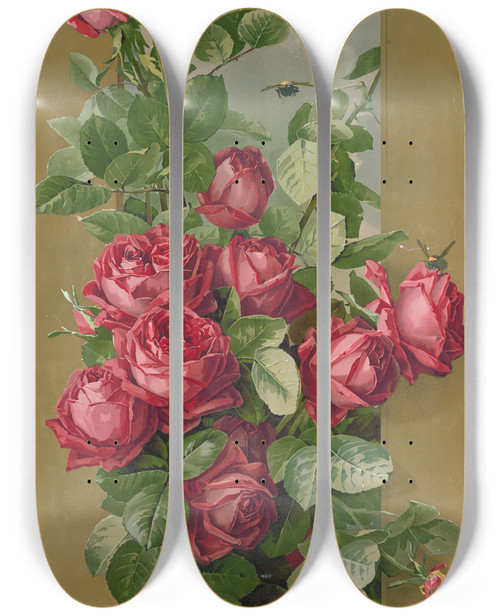 Triptych art skateboard deck of Paul De Longpre Red Roses Growing Through A Window by Paul de Longpre (1855-1911)