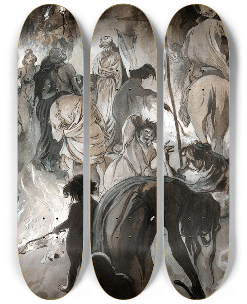 Triptych art skateboard deck of Carl Larsson Illustration To Singoallathe Wind Is My Lover By Viktor Rydberg_3 by Carl Larsson (1853-1919)