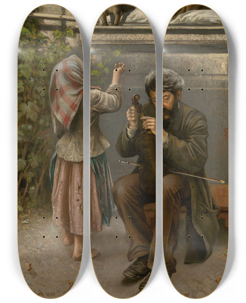 Triptych art skateboard deck of Eduard Majsch Blind Joe Street Violinist by Eduard Majsch (1841-1904)
