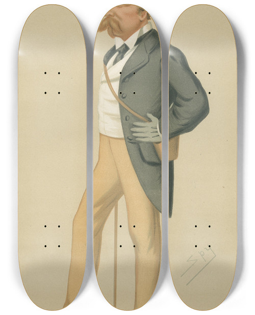 Triptych art skateboard deck of Leslie Matthew Ward Turf Devotees Good Looks Viscount Cole October 7 1876 by Leslie Matthew Ward (1851-1922)