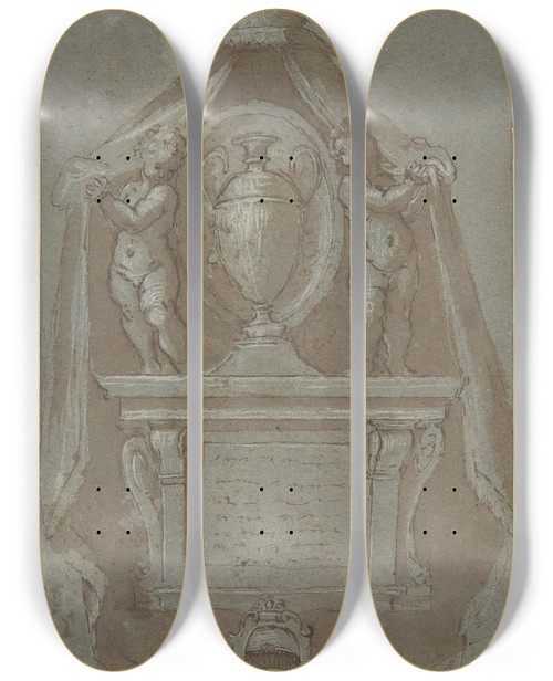 Triptych art skateboard deck of Avanzino Nucci Design For A Wall Tomb by Avanzino Nucci (1551-1629)