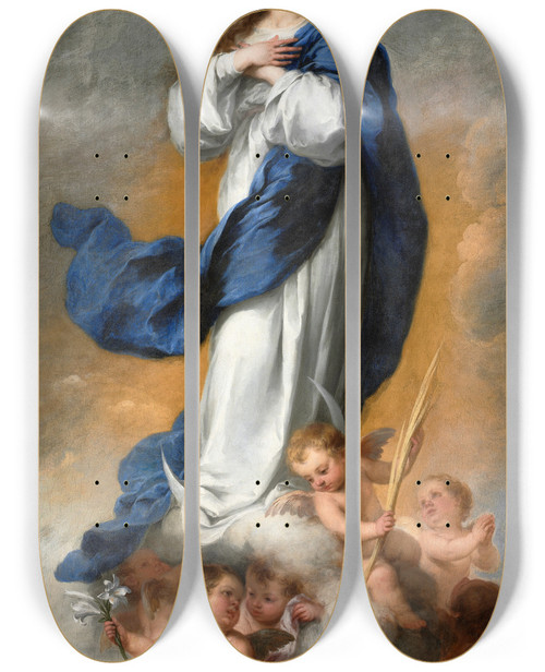 Triptych art skateboard deck of Bartolom Estebn Murillo The Immaculate Conception_1 by Bartolome Esteban Murillo (1617-1682)