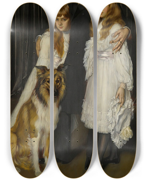 Triptych art skateboard deck of Antonio De La Gandara Portrait Of Ambassador Del Solar And Hischildren by Antonio De La Gandara (1861-1917)