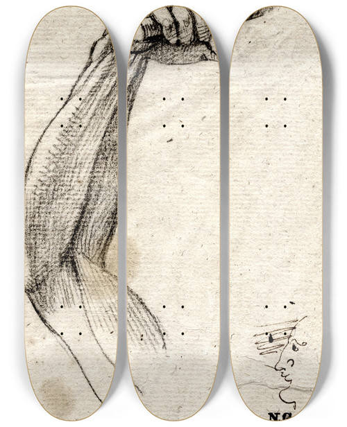 Triptych art skateboard deck of David Humbert De Superville Opgeheven Arm Met Stok In De Hand Karikaturaal Gezicht by David Humbert De Superville (1770-1849)