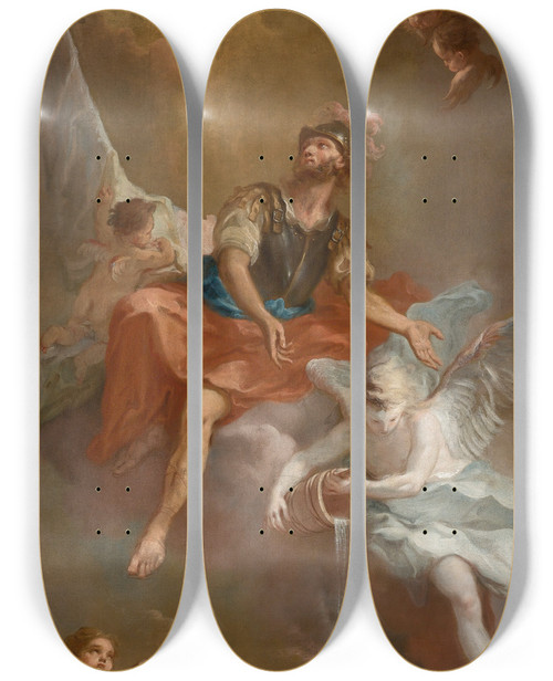 Triptych art skateboard deck of Martin Johann Schmidt Saint Florian Rescuing The Burning Stockern Castle by Martin Johann Schmidt (1718-1801)