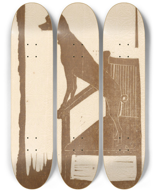 Triptych art skateboard deck of Reinier Willem Petrus De Vries Hond Staand Op Een Stoel by Reinier Willem Petrus De Vries (1874-1952)