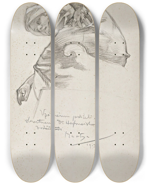 Triptych art skateboard deck of Alphonse Mucha Woman Bending Over by Alphonse Mucha (1860-1939)