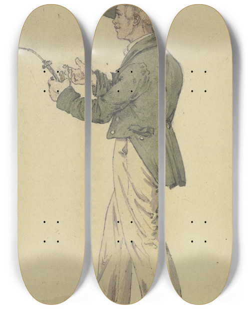 Triptych art skateboard deck of Jakob Frchtegott Dielmann Sachsenhuser Mit Einer Pfeife In Der Hand Nach Links Gewendet by Jakob Furchtegott Dielmann (1809-1885)